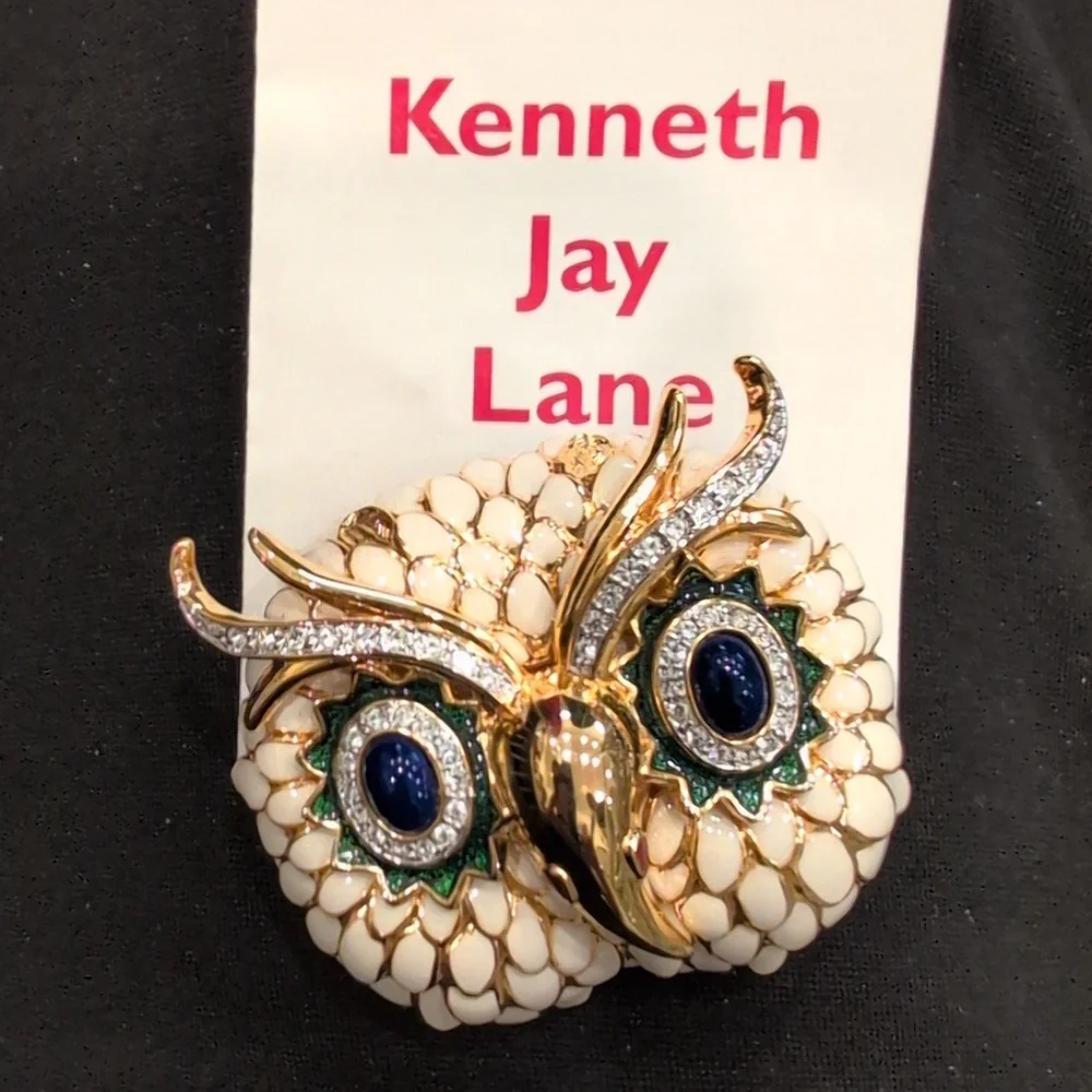 Kenneth Jay Lane Cream Enamel Owl Brooch with Blue and Green Accents - Picture 2 of 7